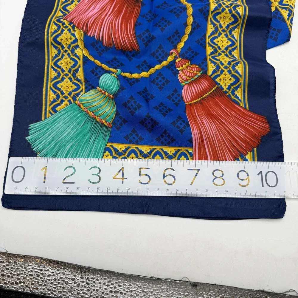 Vintage Royal Blue Tassel Rope‎ Print oblong Scarf Teal Red Neckerchief 30x30